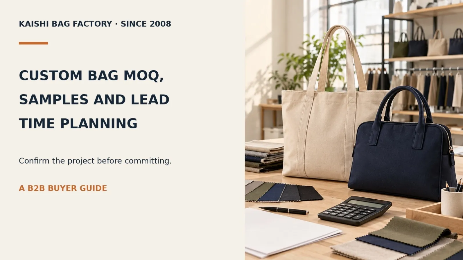 Unbranded tote and handbag samples with material swatches and a calculator, illustrating custom bag MOQ, samples and lead-time planning.