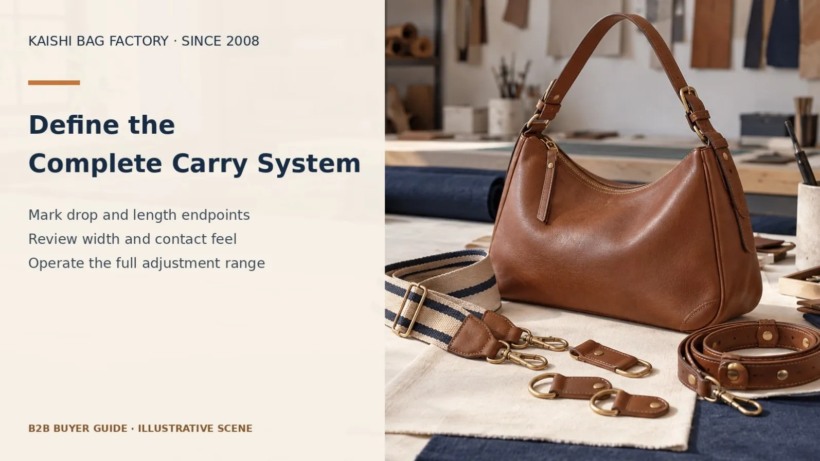 Illustrative brown handbag and leather and woven strap examples for carry-system specification.