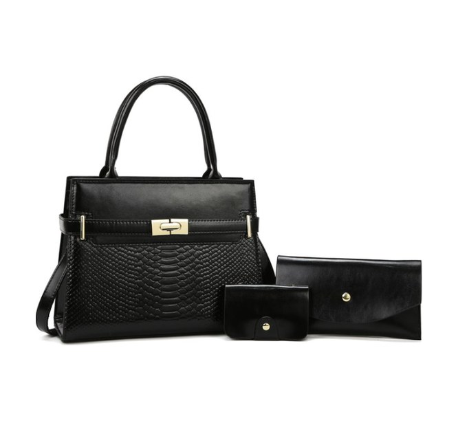 PU Leather 3-Piece Set – Structured Tote Bag with Wallet, Card Holder & Oval Buckle — custom bag manufacturing by Kaishi Bag Factory