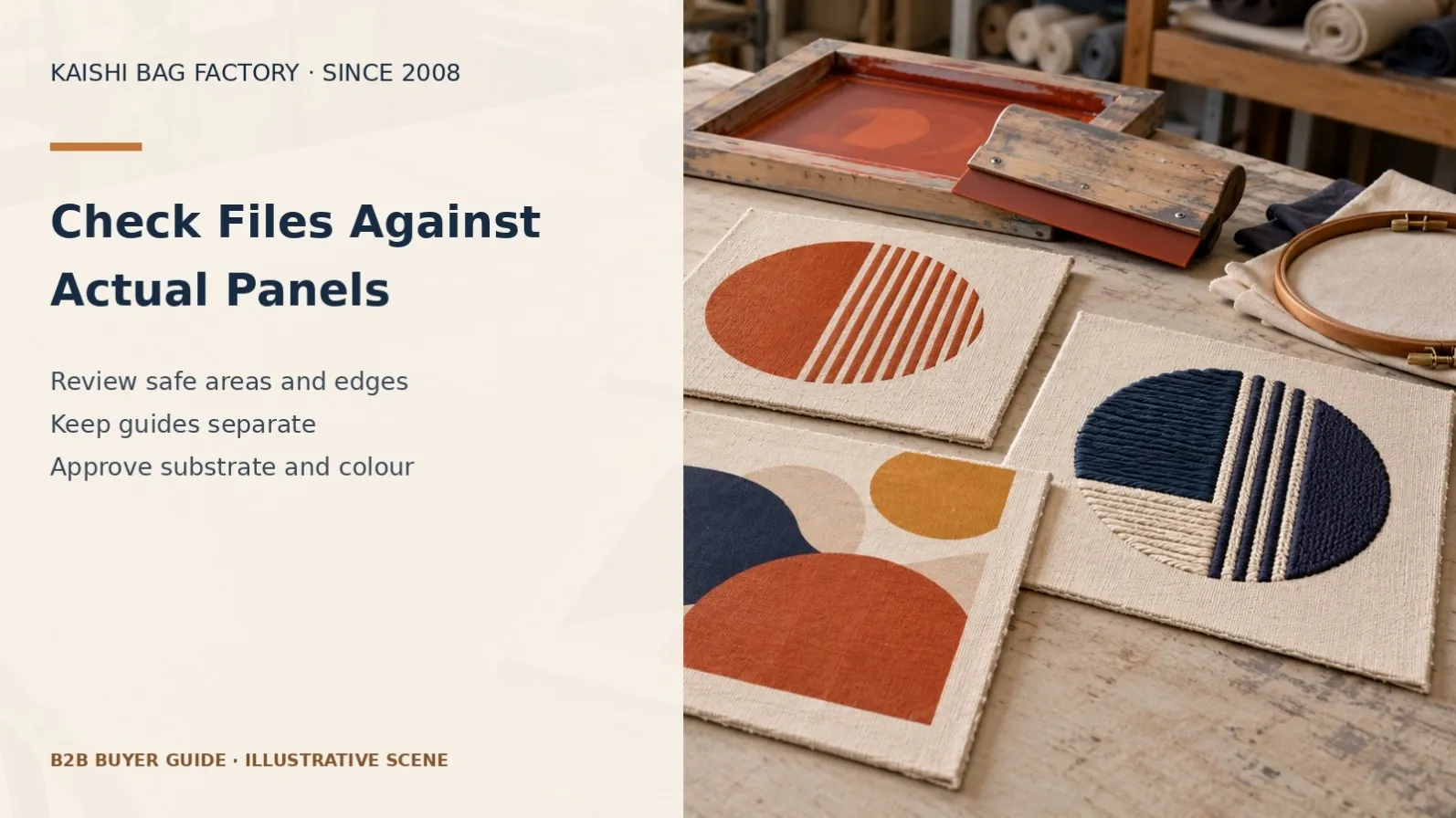Illustrative unbranded printed fabric pieces for checking artwork against bag panels.