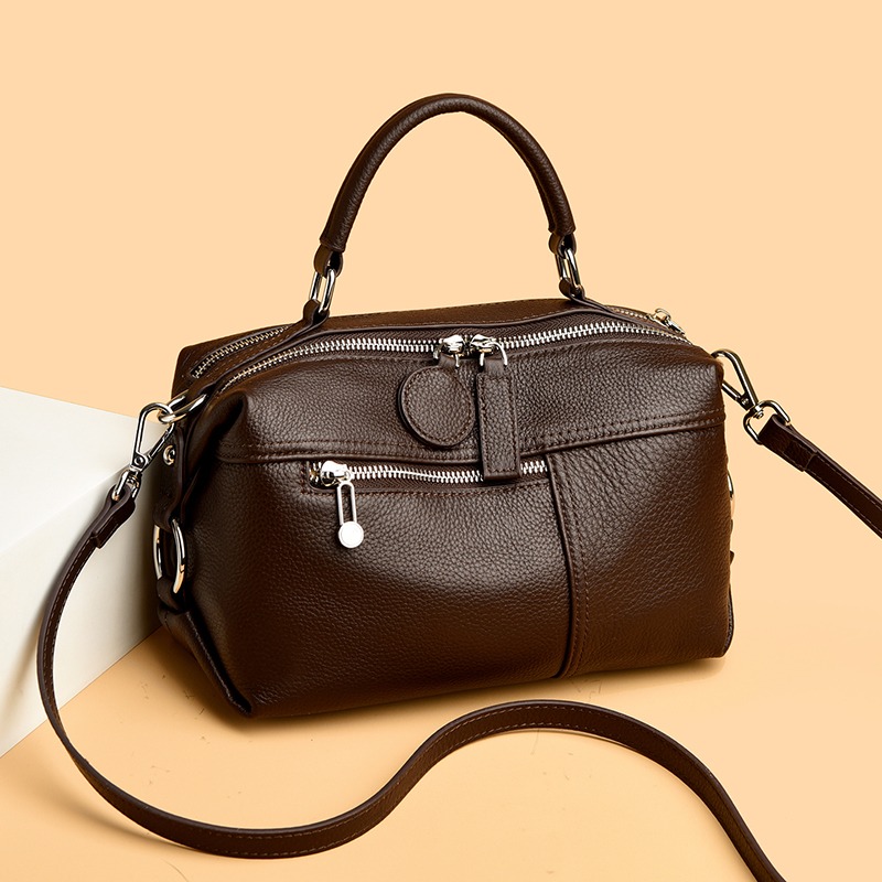 Custom Leather Satchel Bag – Soft Handbag with Front Zip Pocket (view 3) — custom leather bag manufacturing by Kaishi Bag Factory