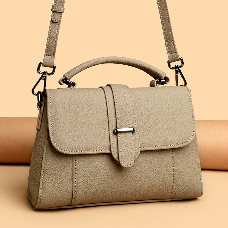 Custom Leather Top-Handle Flap Bag – Structured Handbag with Belt Detail (view 3) — custom leather bag manufacturing by Kaishi Bag Factory