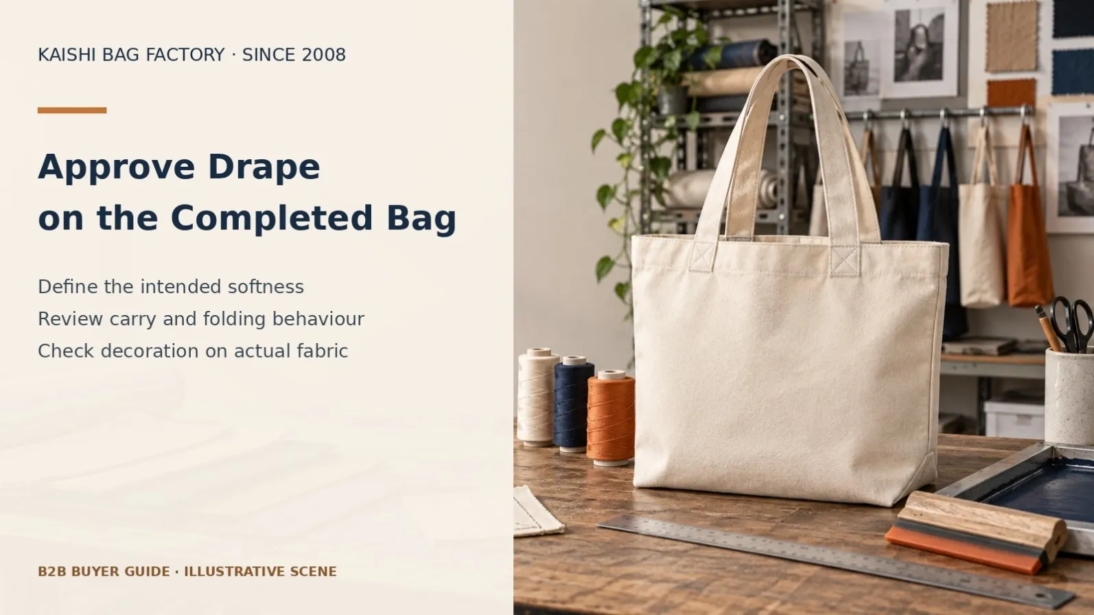 Illustrative unbranded cotton tote and material swatches for reviewing soft bag drape.