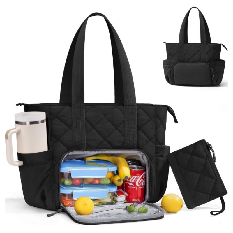 Custom Insulated Lunch Tote – Quilted Work Bag with Cooler Compartment (view 2) — custom tote bag manufacturing by Kaishi Bag Factory