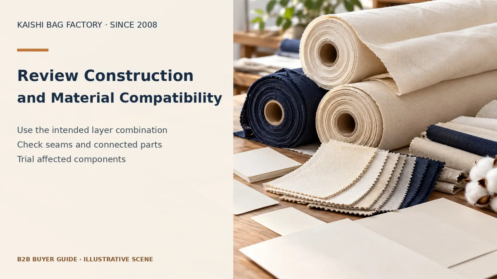 Illustrative fabric rolls and sample materials for reviewing alternative bag construction compatibility.