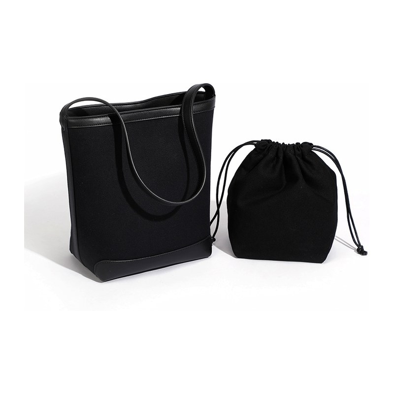Canvas Drawstring Bucket Tote Bag – Large Capacity Shoulder Bag with Contrast PU Leather (view 3) — custom bag manufacturing by Kaishi Bag Factory