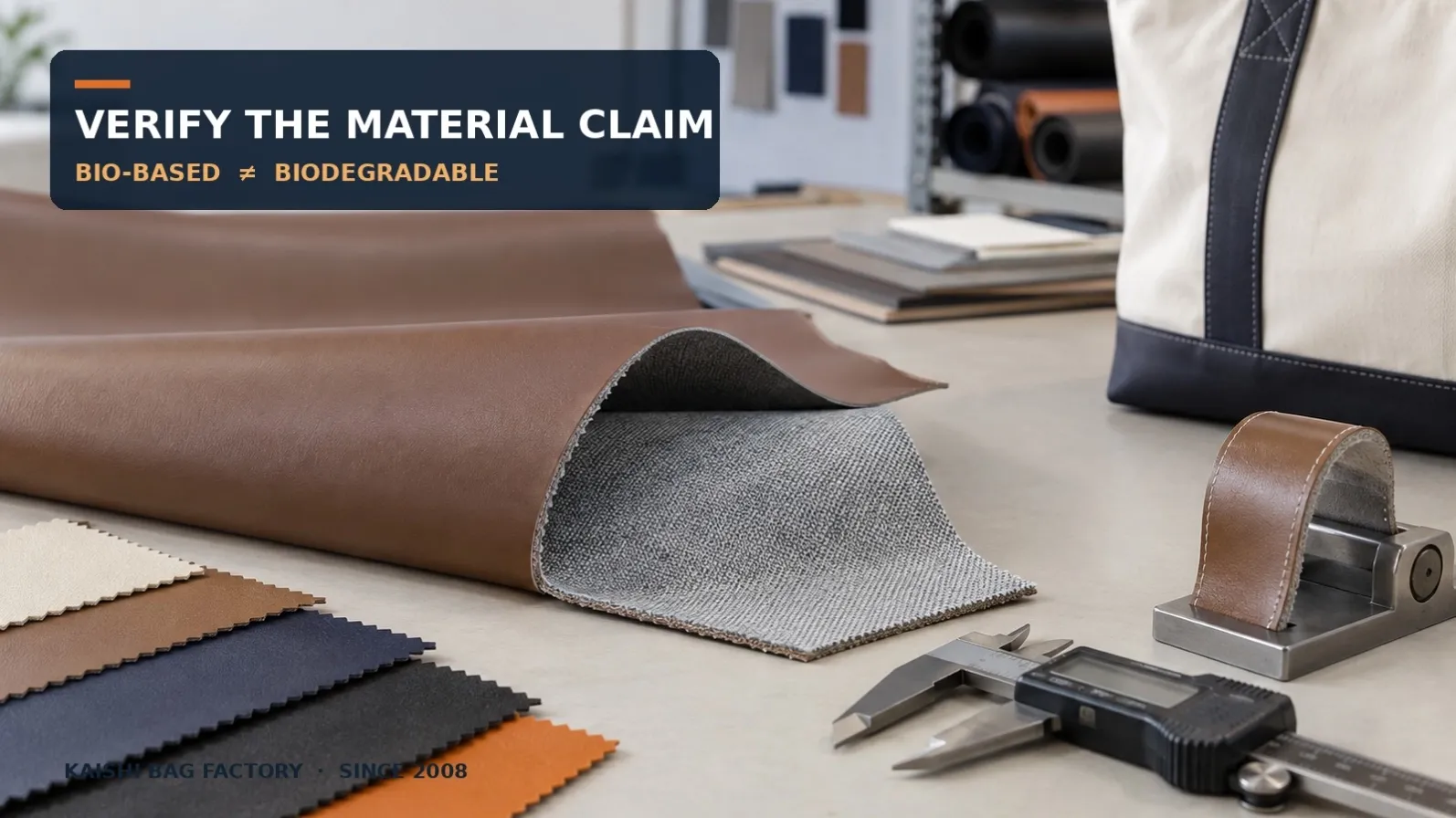 Bio-based PU coated fabric layers, backing textiles and test tools for bag material verification.