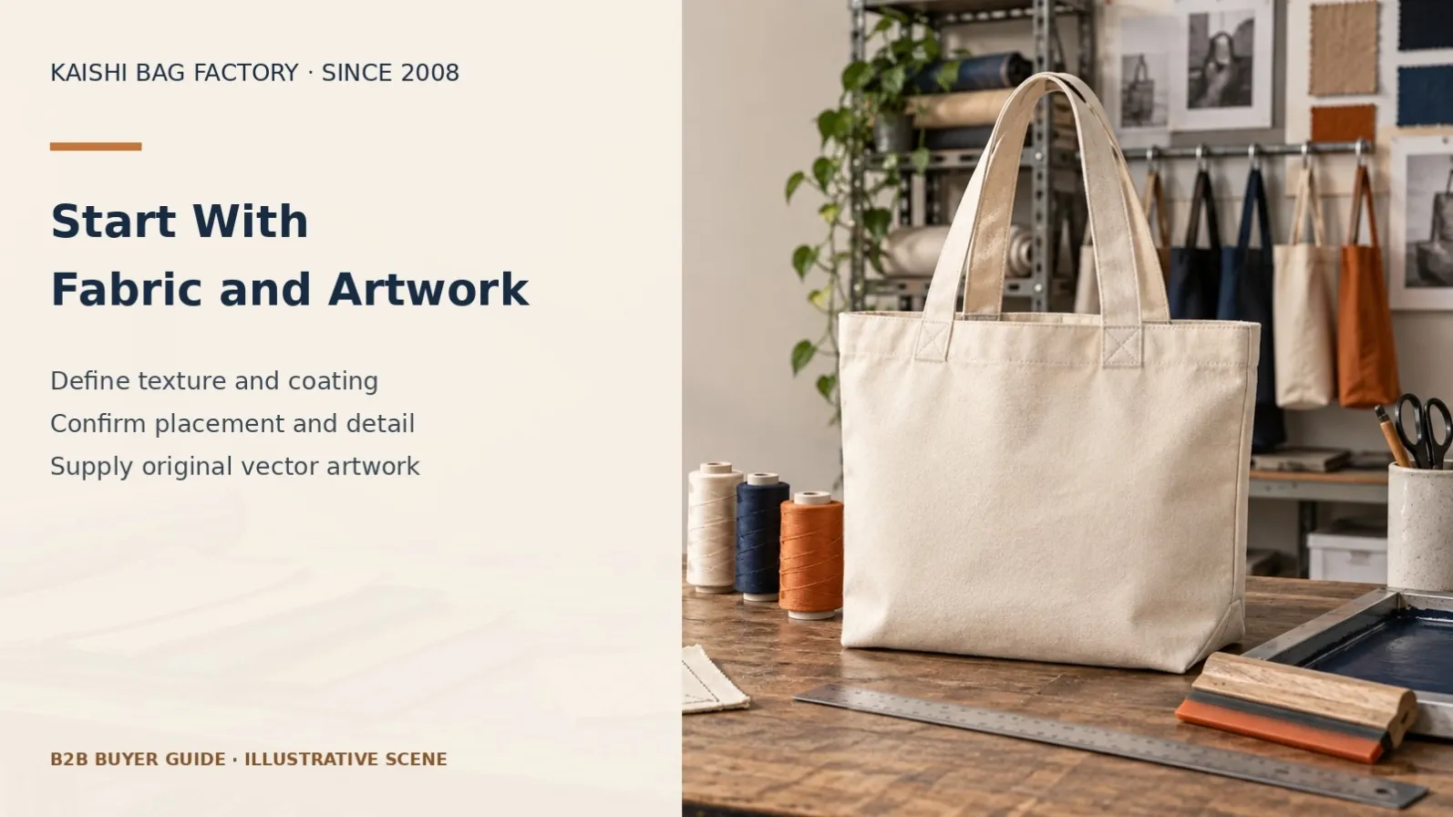 Illustrative artwork and fabric samples for specifying bag decoration.