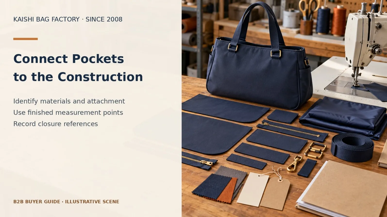 Illustrative handbag panels and components for reviewing pocket attachment and interior construction.