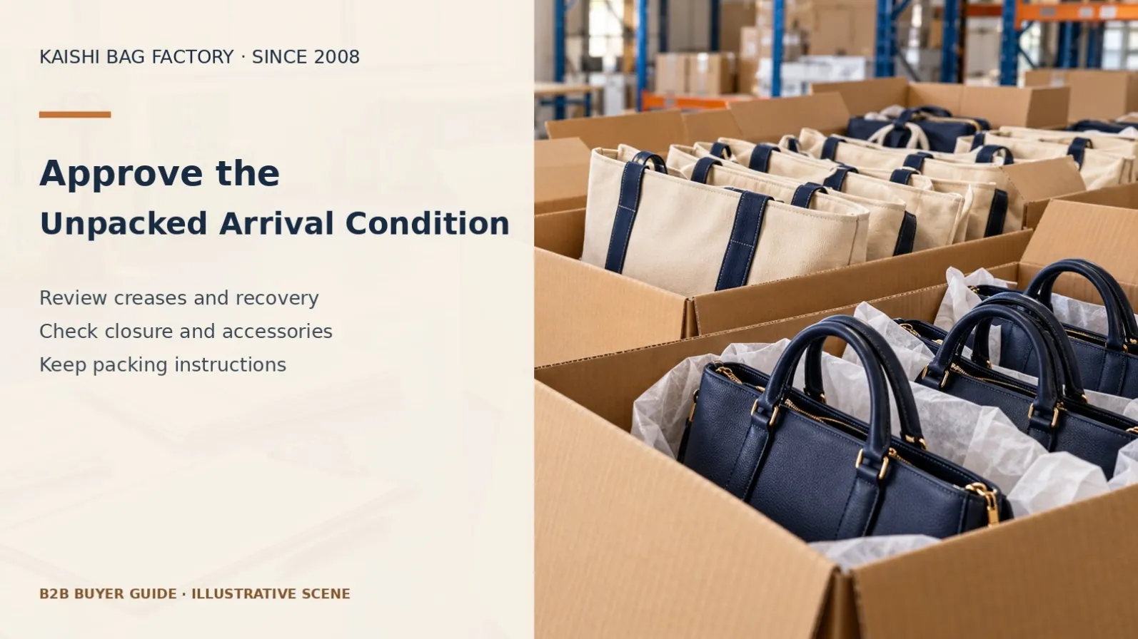 Illustrative cartons and handbags for arrival and unpacking review.