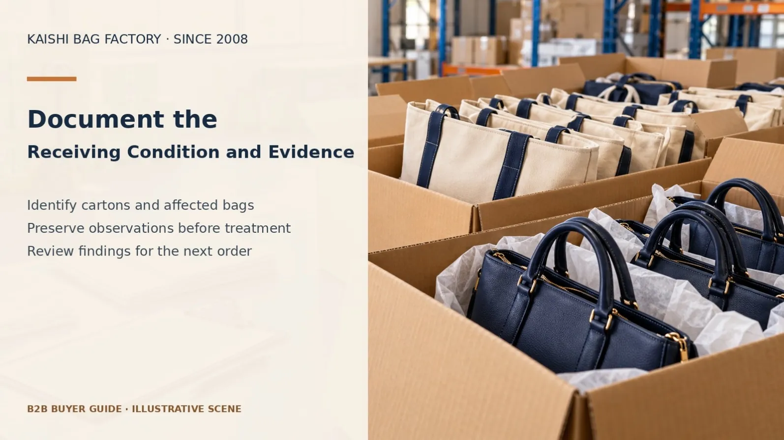 Illustrative warehouse cartons and bags for recording receiving condition and shipment evidence.