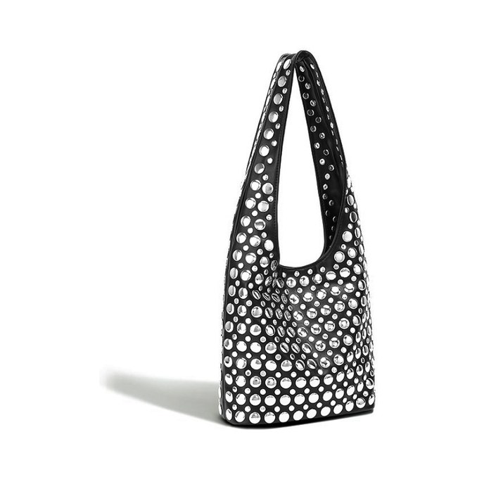 PU Leather Hobo Bag – Rivet Studded Metallic Shoulder Bag with Drawstring (view 5) — custom bag manufacturing by Kaishi Bag Factory