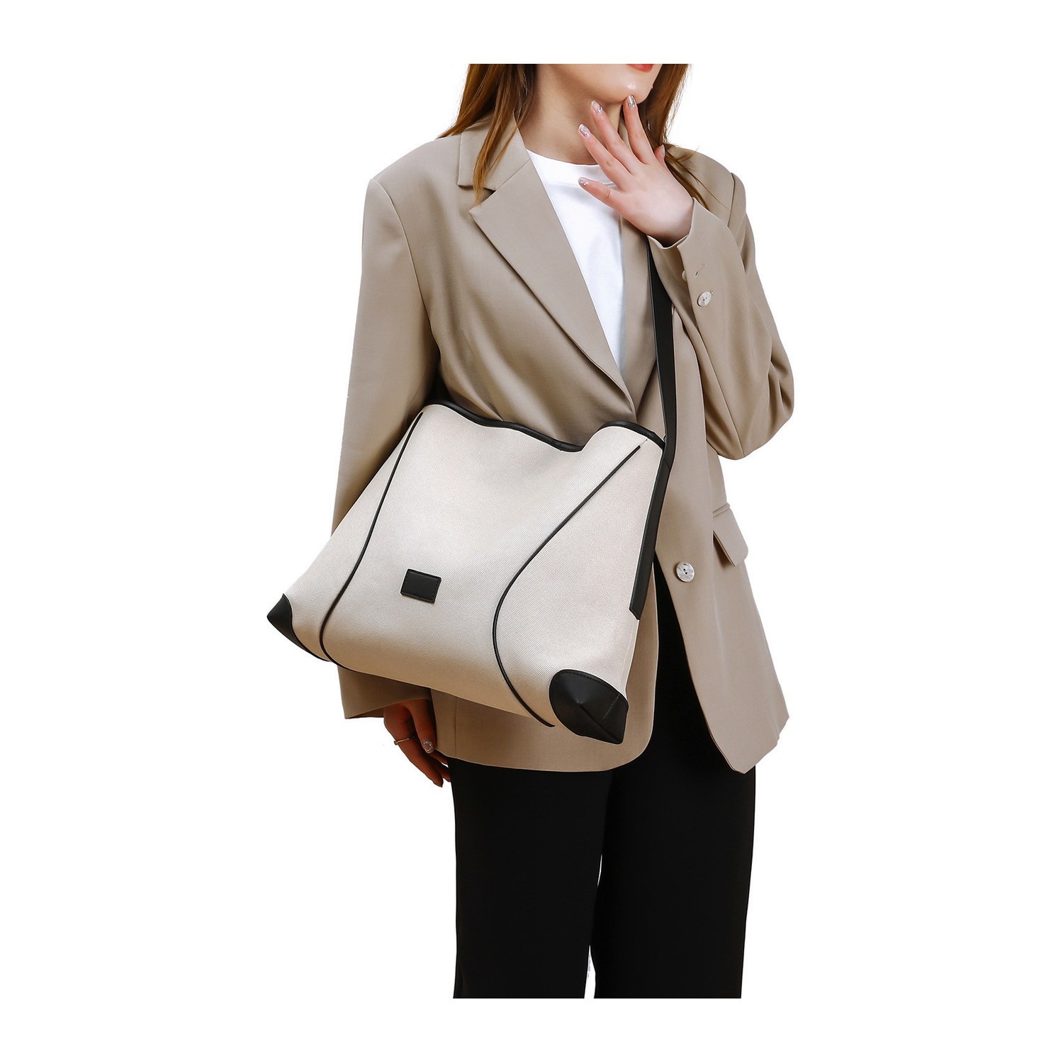 Canvas & PU Leather Hobo Shoulder Bag – Large Capacity Crossbody Tote with Contrast Trim (view 3) — custom bag manufacturing by Kaishi Bag Factory