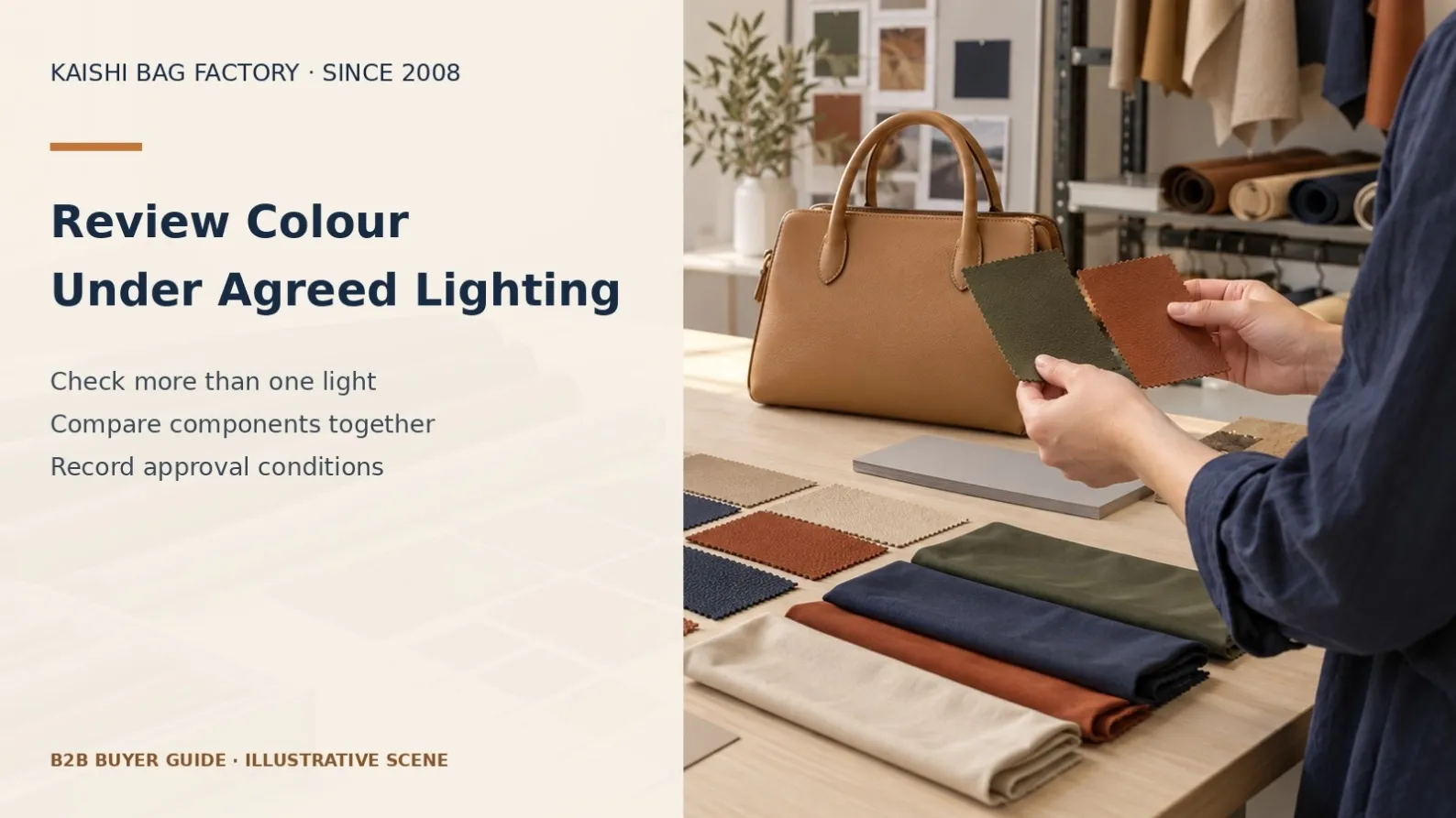 Illustrative handbag and swatch review for consistent colour approval.