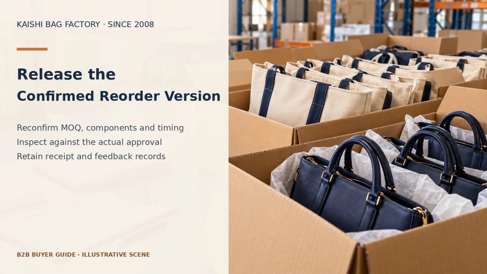 Illustrative warehouse bag cartons for receiving and version control of a wholesale reorder.