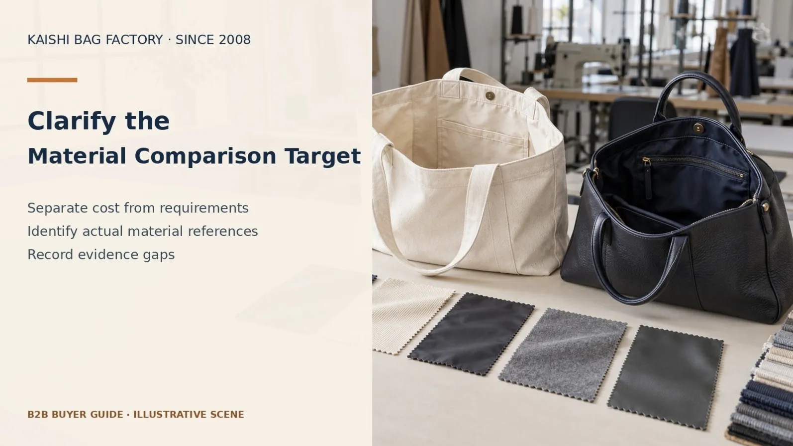 Illustrative bag and fabric swatches for comparing proposed alternatives before order approval.