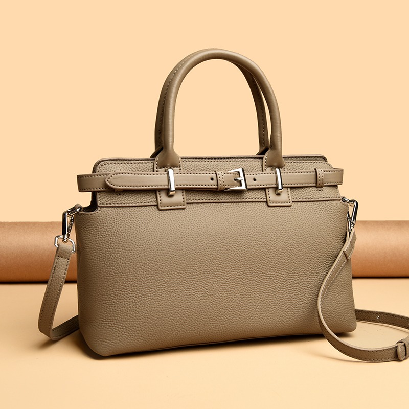 Custom Leather Frame Satchel Bag – Structured Handbag with Belt Detail (view 3) — custom leather bag manufacturing by Kaishi Bag Factory
