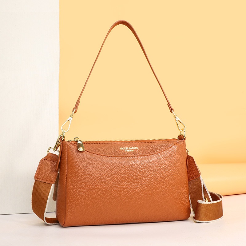 Custom Leather Shoulder Bag – Zip-Top Bag with Gold Hardware (view 2) — custom leather bag manufacturing by Kaishi Bag Factory