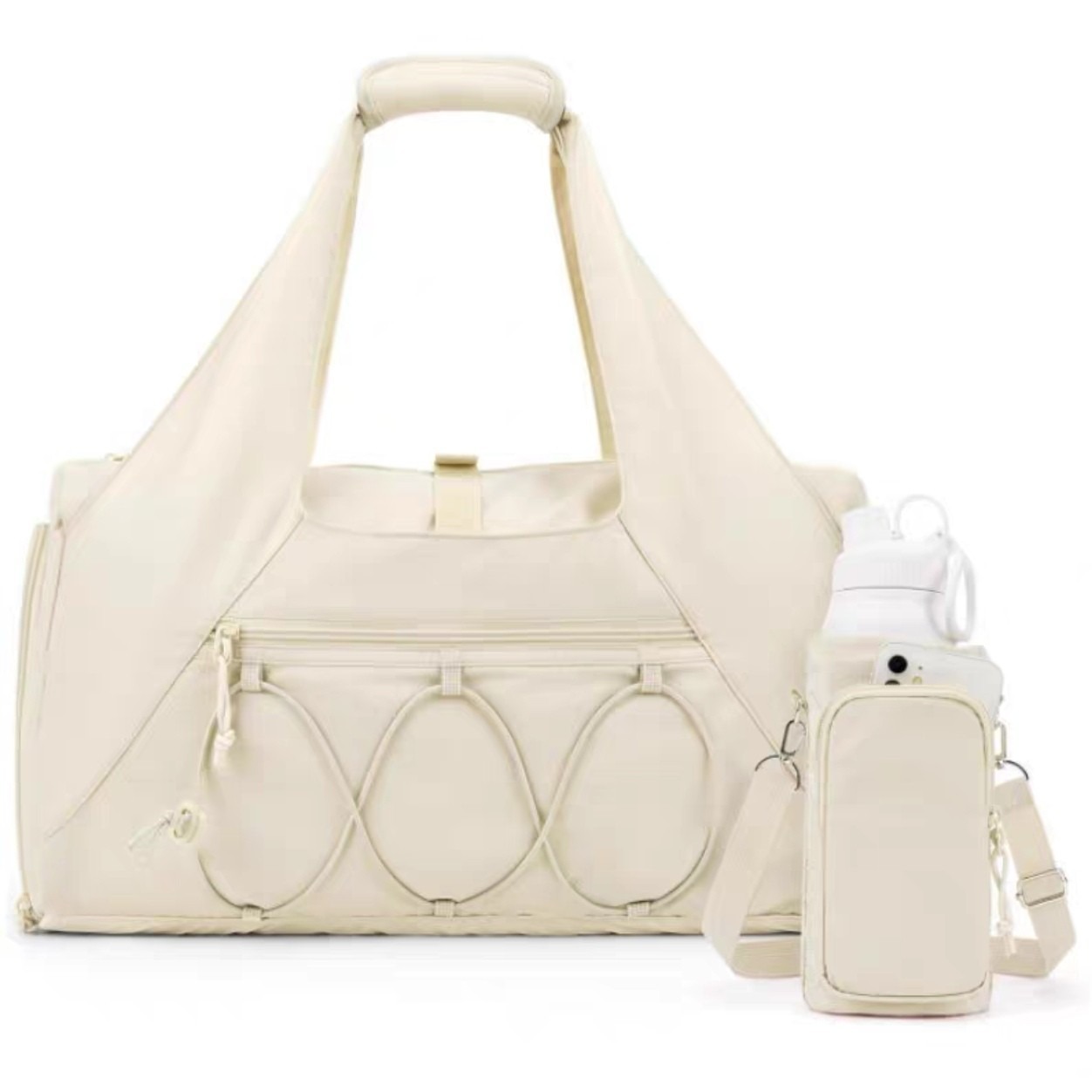 Custom Yoga Tote Bag – Fitness Tote with Bottle Pocket (view 2) — custom yoga bag manufacturing by Kaishi Bag Factory