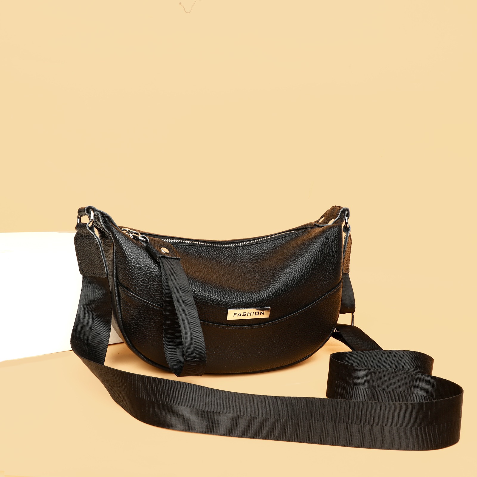 Custom Leather Hobo Bag – Crescent Shoulder Bag with Wide Web Strap (view 3) — custom leather bag manufacturing by Kaishi Bag Factory
