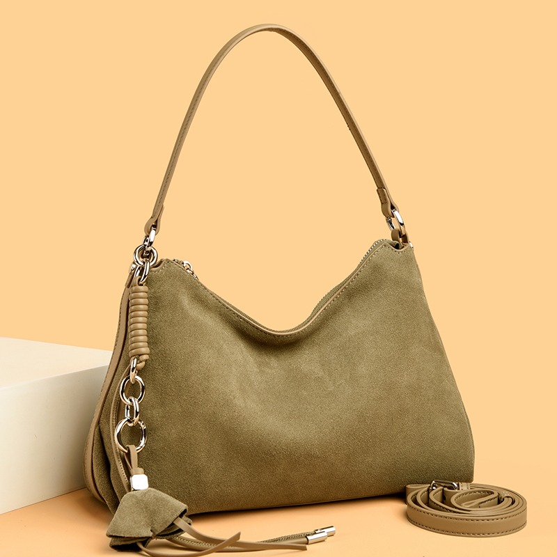 Custom Suede Look Leather Hobo Bag – Slouchy Shoulder Bag with Strap Detail (view 3) — custom leather bag manufacturing by Kaishi Bag Factory