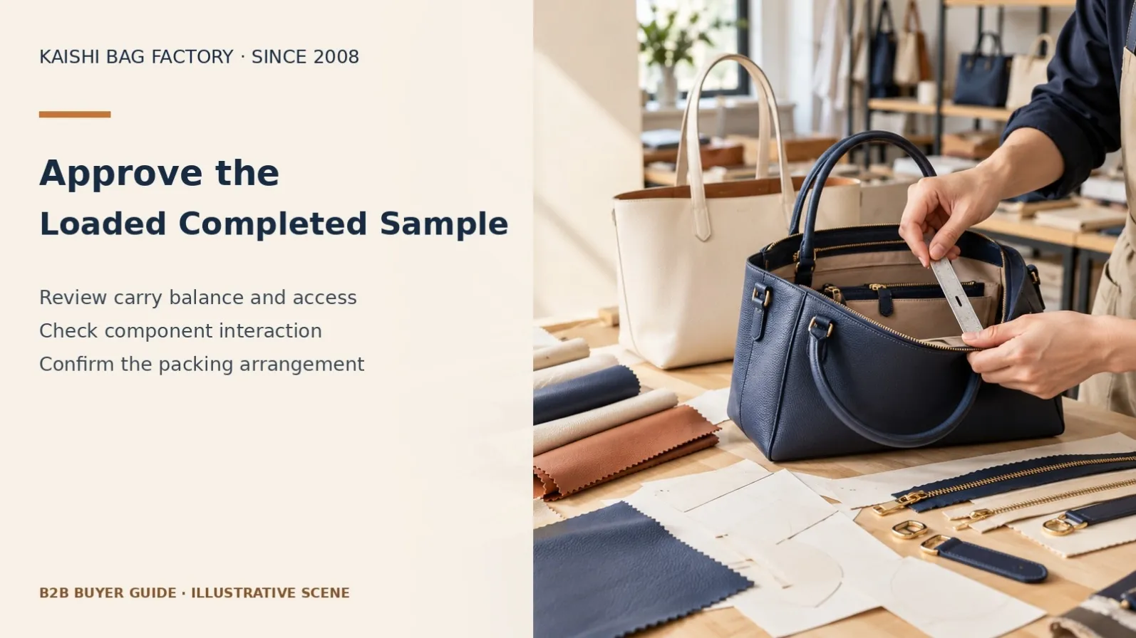 Illustrative completed handbag inspection for checking carry components and access.