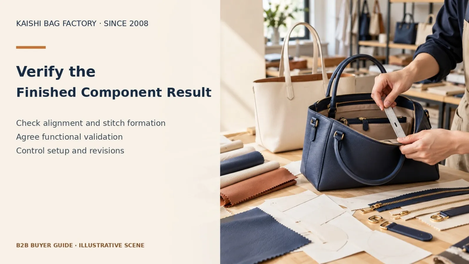 Illustrative inspection of a completed handbag sample for assessing seam result and construction.