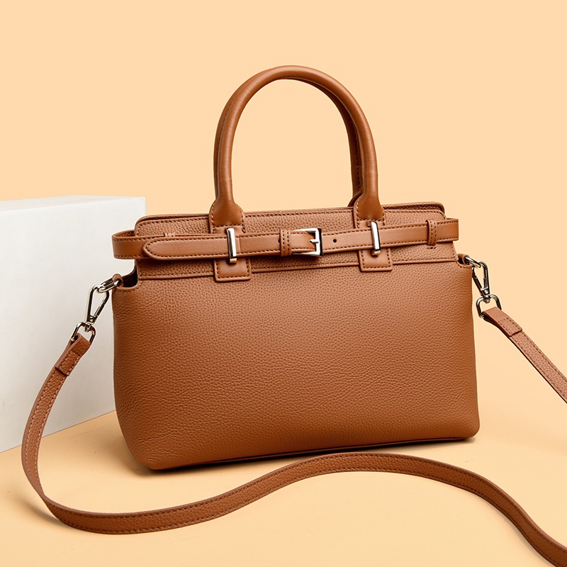 Custom Leather Frame Satchel Bag – Structured Handbag with Belt Detail (view 2) — custom leather bag manufacturing by Kaishi Bag Factory