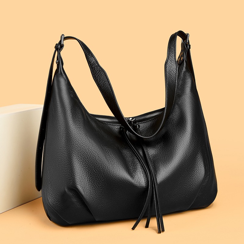 Custom Slouchy Leather Shoulder Bag – Drawstring Hobo Bag (view 2) — custom leather bag manufacturing by Kaishi Bag Factory