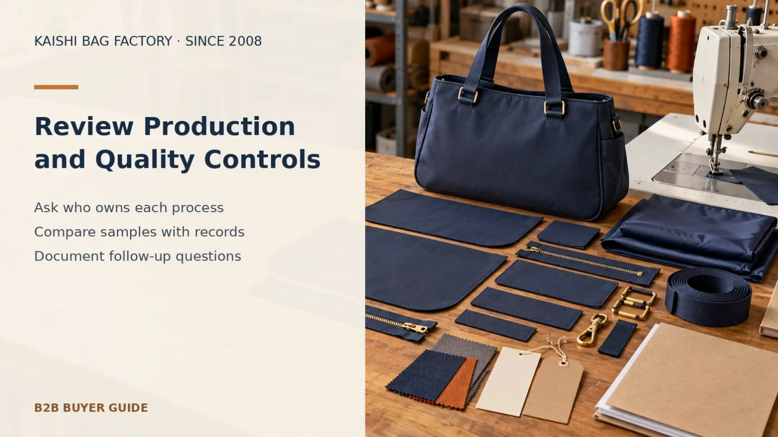 Unbranded handbag components and a sewing machine illustrating a buyer review of production steps, sample references and quality records