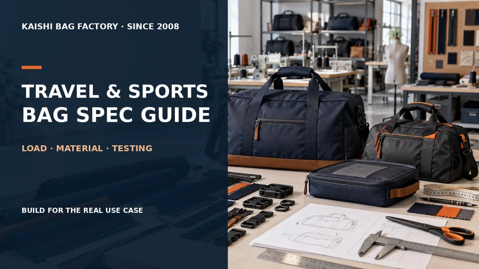 Unbranded travel and sports bag prototypes in a sample room with fabric swatches and a buyer specification theme.