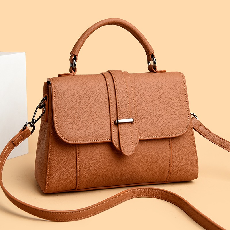 Custom Leather Top-Handle Flap Bag – Structured Handbag with Belt Detail (view 2) — custom leather bag manufacturing by Kaishi Bag Factory