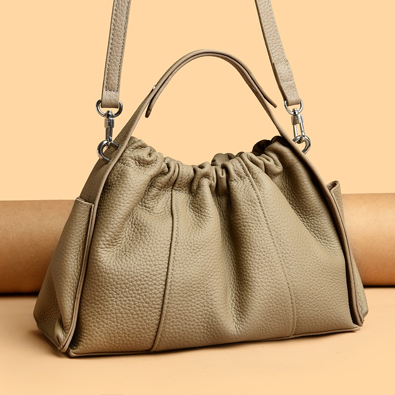 Custom Drawstring Leather Bucket Bag – Slouchy Shoulder Bag with Chain Strap (view 4) — custom leather bag manufacturing by Kaishi Bag Factory