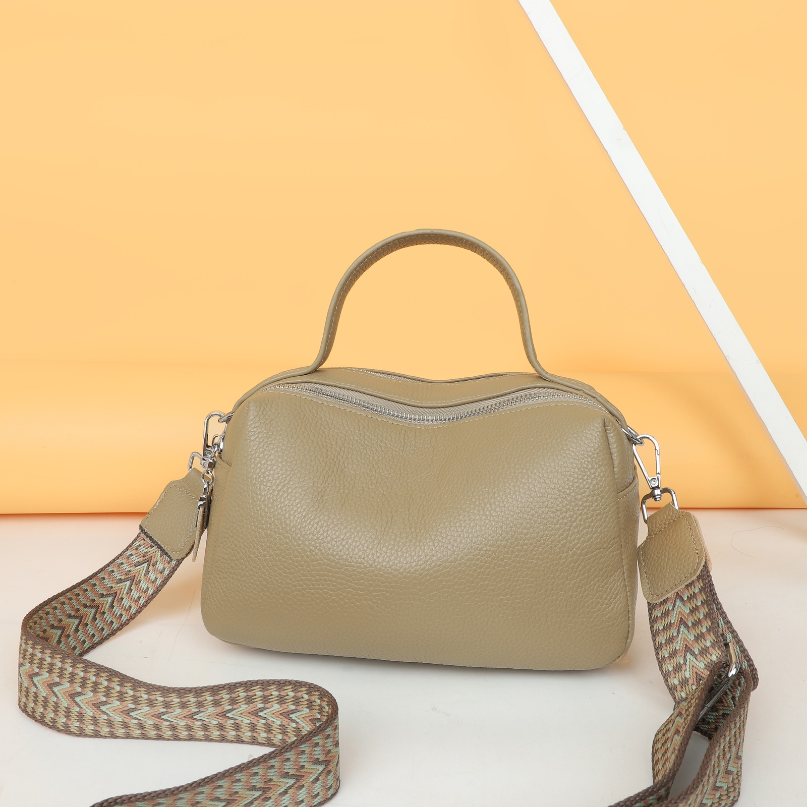 Custom Leather Satchel Bag – Top-Handle Shoulder Bag with Woven Strap (view 3) — custom leather bag manufacturing by Kaishi Bag Factory