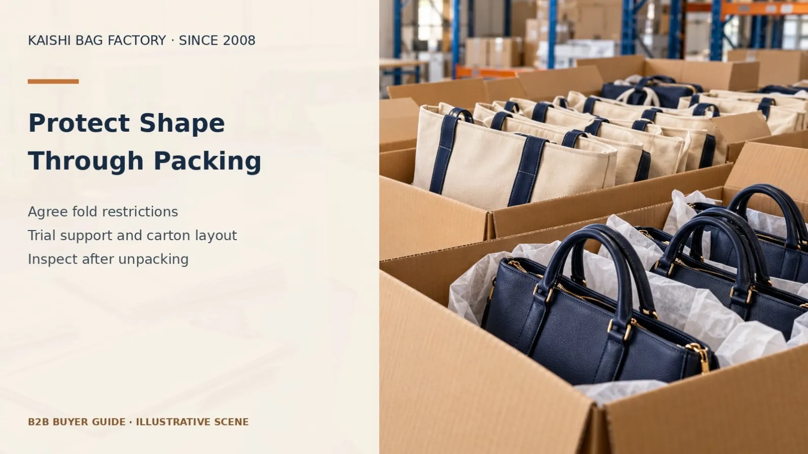 Illustrative handbags in cartons for checking packing support and unpacked shape.