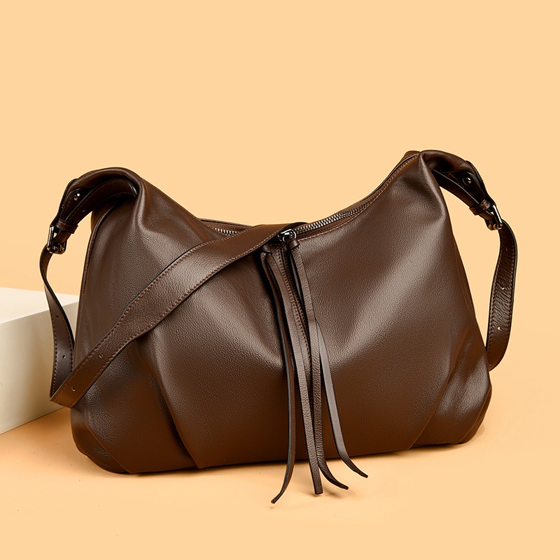 Custom Slouchy Leather Shoulder Bag – Drawstring Hobo Bag (view 3) — custom leather bag manufacturing by Kaishi Bag Factory