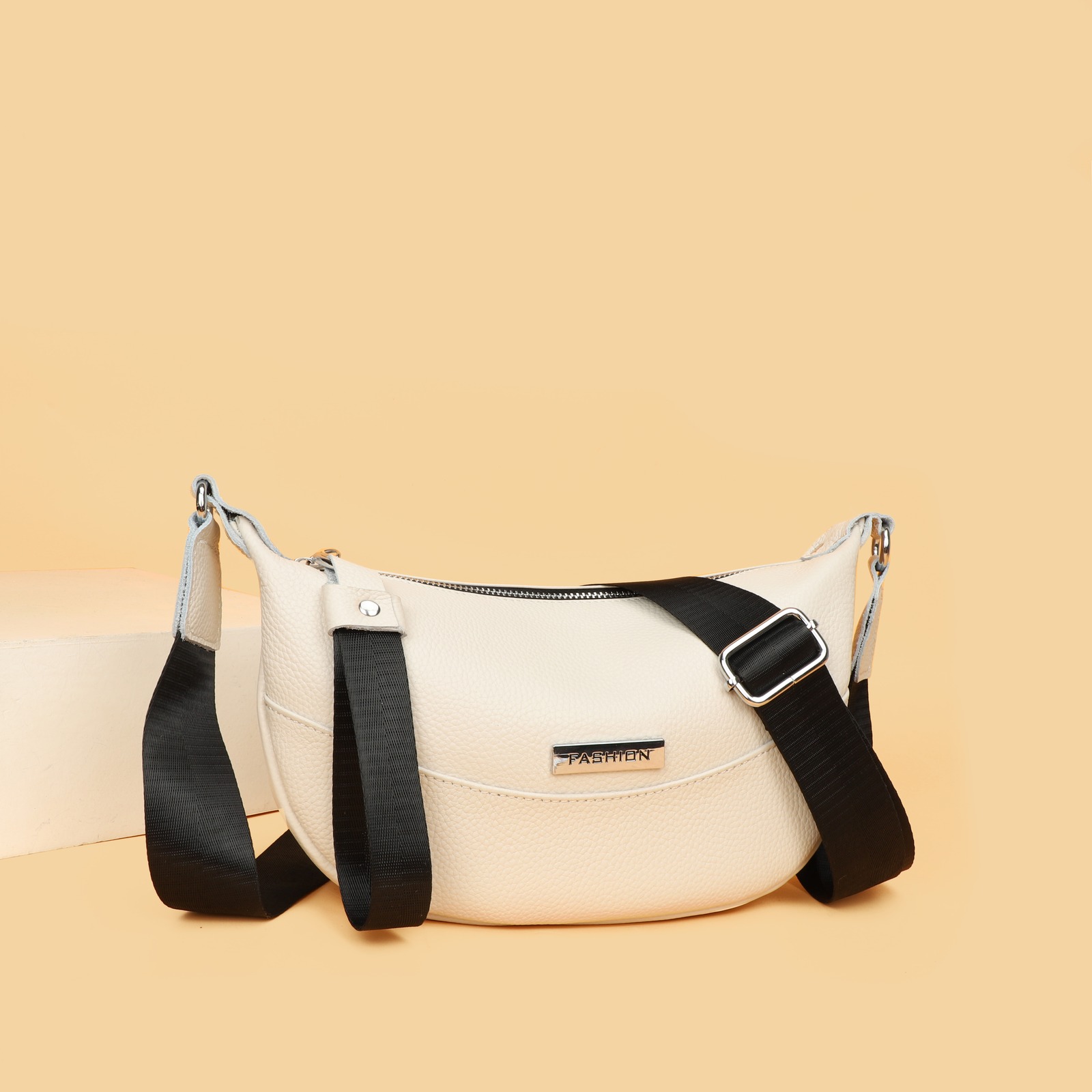 Custom Leather Hobo Bag – Crescent Shoulder Bag with Wide Web Strap (view 4) — custom leather bag manufacturing by Kaishi Bag Factory