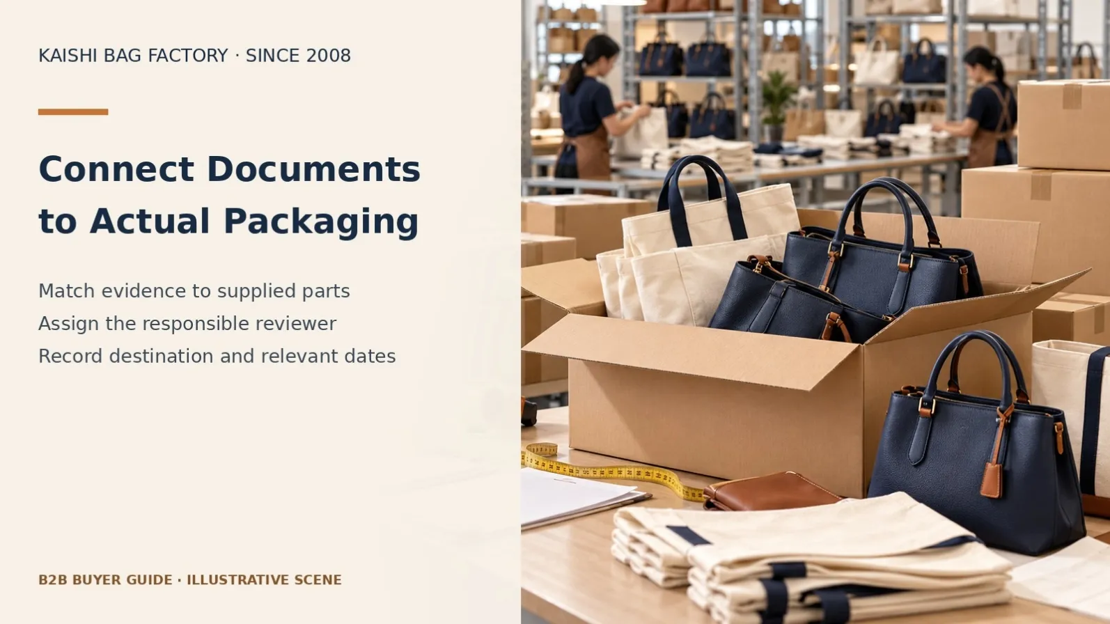 Illustrative bag packing bench with cartons and project paperwork for packaging documentation review.
