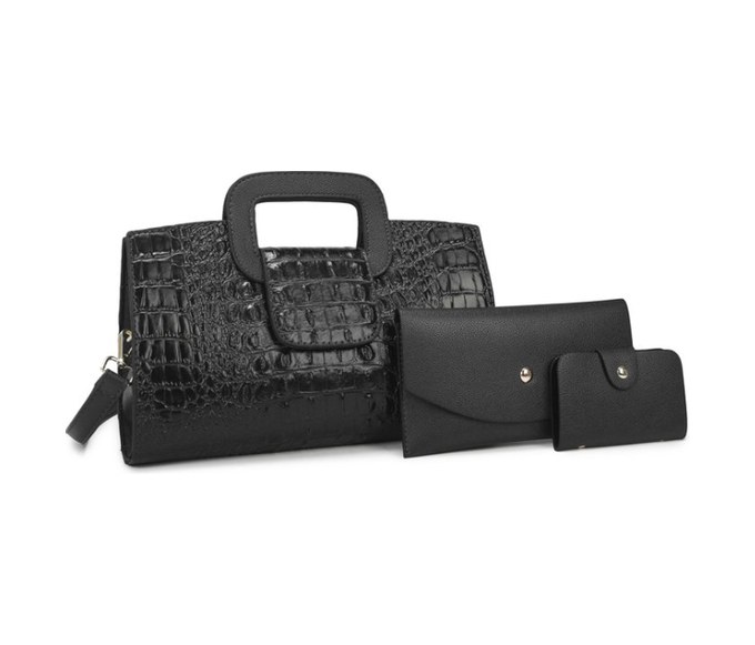 Crocodile PU Leather 3-Piece Set – Square Handle Tote Bag with Wallet & Card Holder (view 2) — custom bag manufacturing by Kaishi Bag Factory