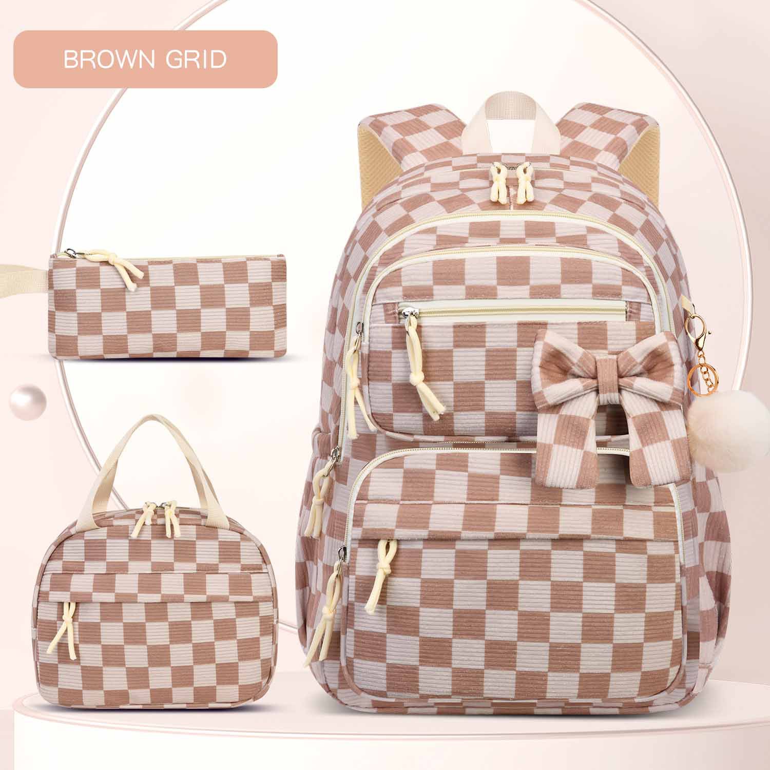 Custom School Backpack 3-Piece Set – Corduroy Bow Print with Matching Bag and Pouch (view 4) — custom school backpack by Kaishi Bag Factory