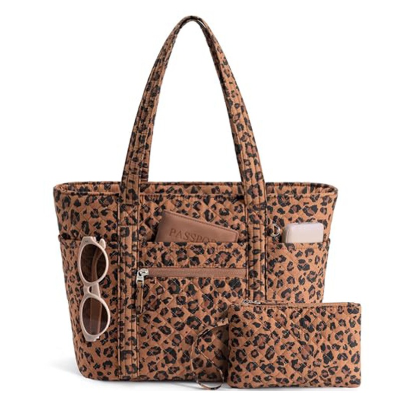 Custom Leopard Print Quilted Tote – Puffer Bag with Zip Pouch (view 2) — custom tote bag manufacturing by Kaishi Bag Factory