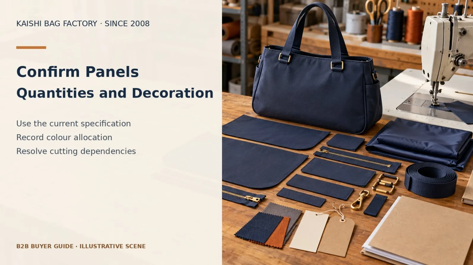 Illustrative unbranded bag or component scene: confirm panels quantities and decoration. Not an actual Kaishi order or test result.