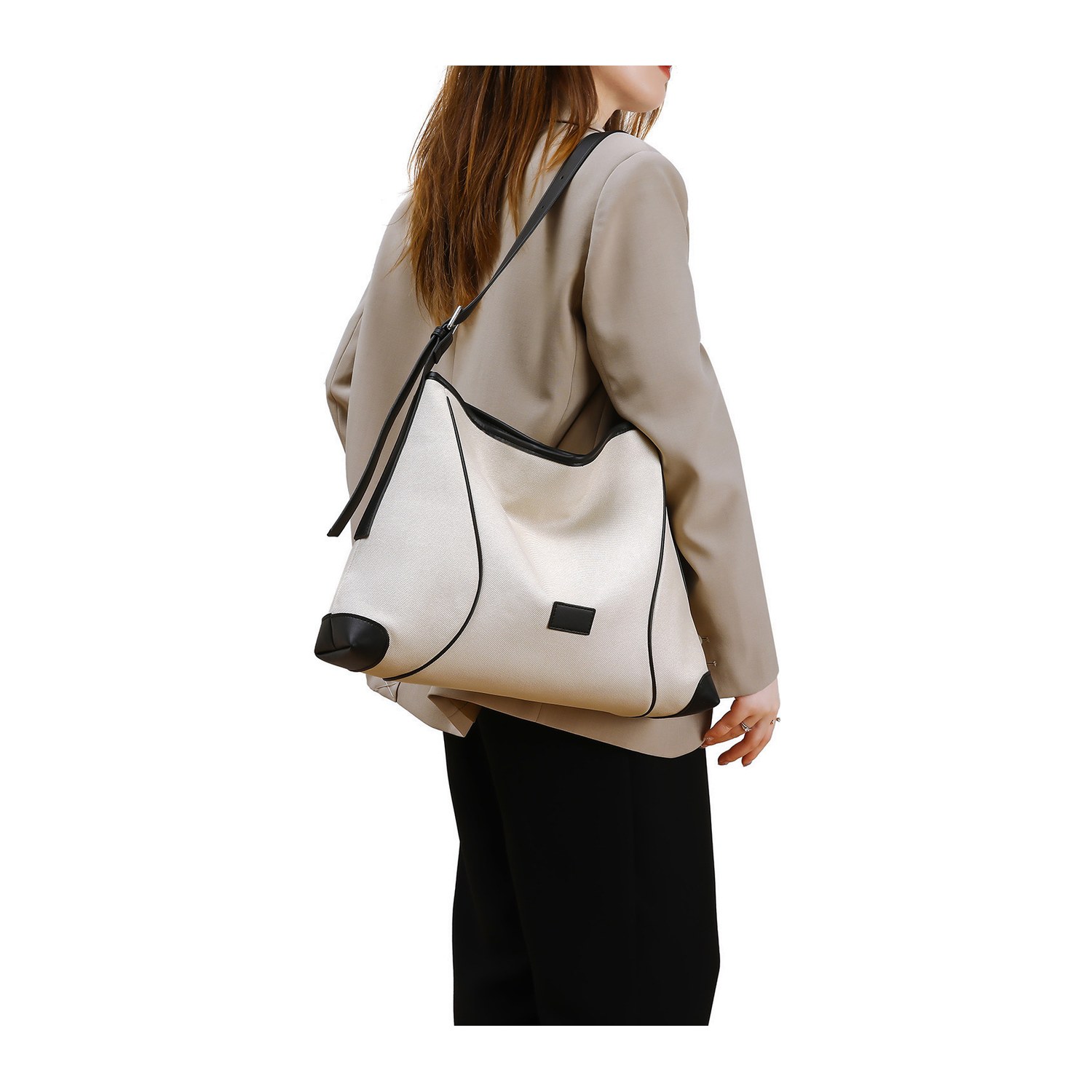 Canvas & PU Leather Hobo Shoulder Bag – Large Capacity Crossbody Tote with Contrast Trim (view 2) — custom bag manufacturing by Kaishi Bag Factory
