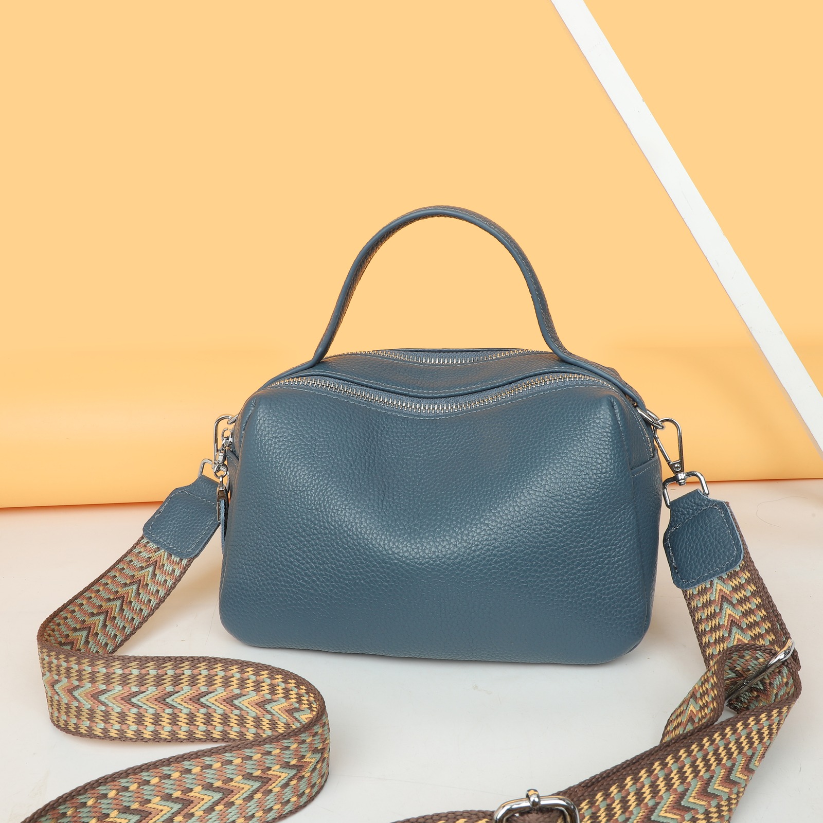 Custom Leather Satchel Bag – Top-Handle Shoulder Bag with Woven Strap (view 2) — custom leather bag manufacturing by Kaishi Bag Factory