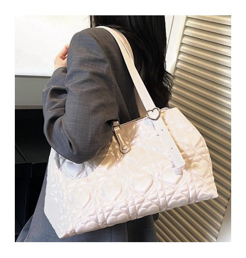 Quilted Heart PU Leather Shoulder Bag – Classic Tote with Heart Pattern & Heart Buckle (view 2) — custom bag manufacturing by Kaishi Bag Factory