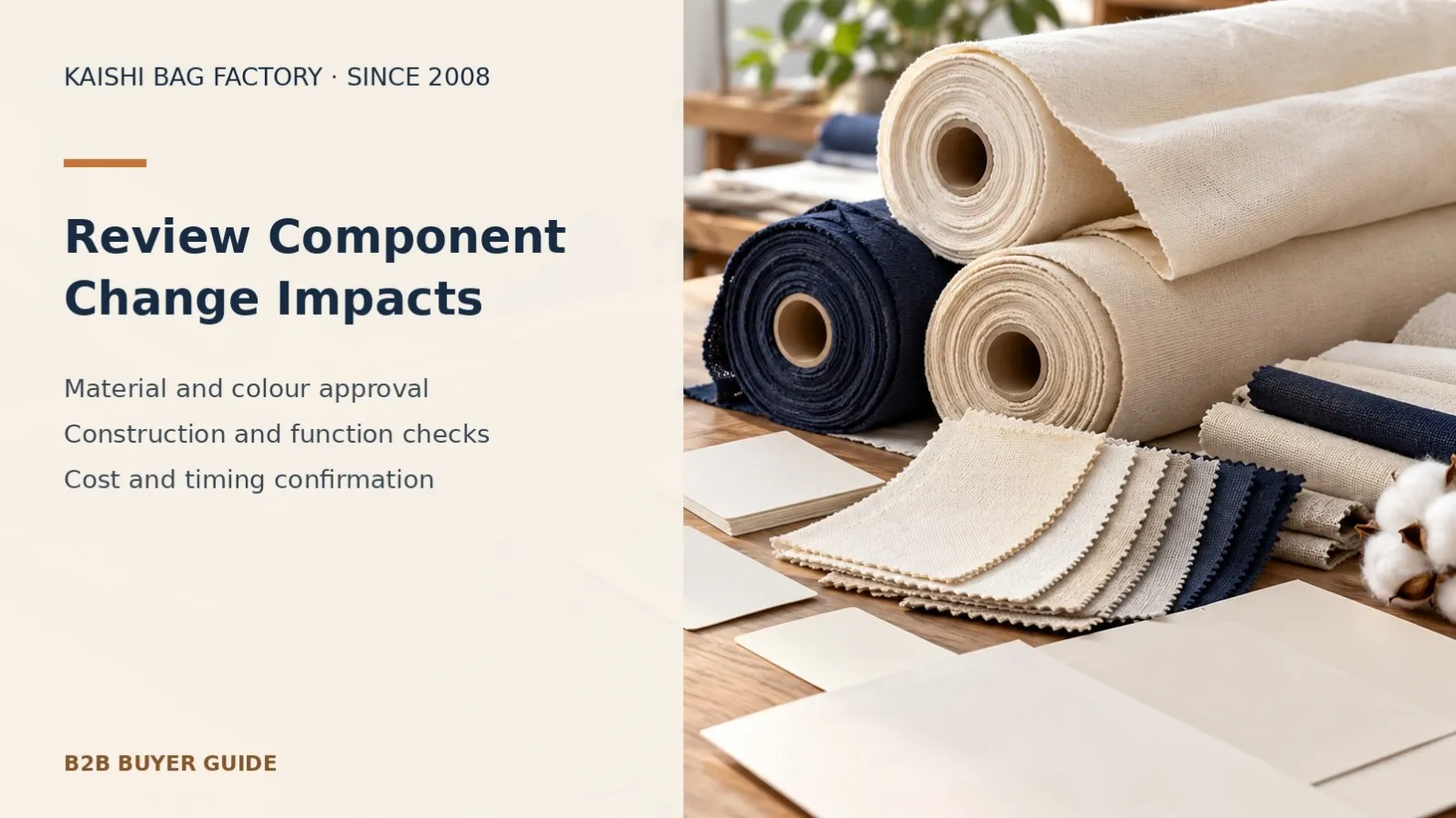 Illustrative fabric rolls and swatches for reviewing material substitutions and their effects on a bag specification revision