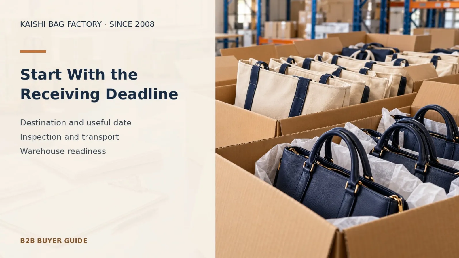 Illustrative unbranded bag packing station for planning receiving, inspection and shipment milestones before Chinese New Year