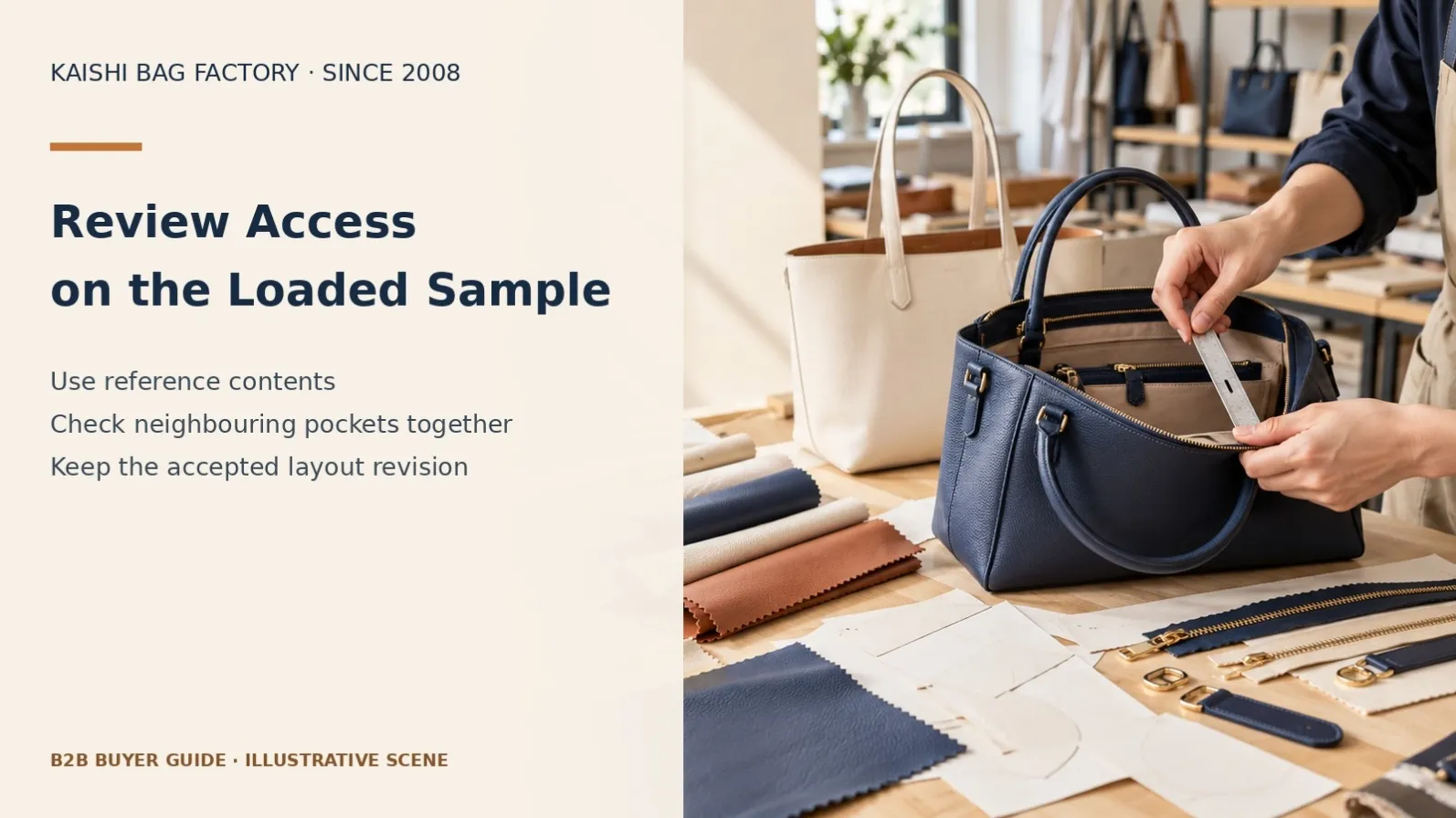 Illustrative handbag sample inspection for confirming pocket access and completed interior approval.
