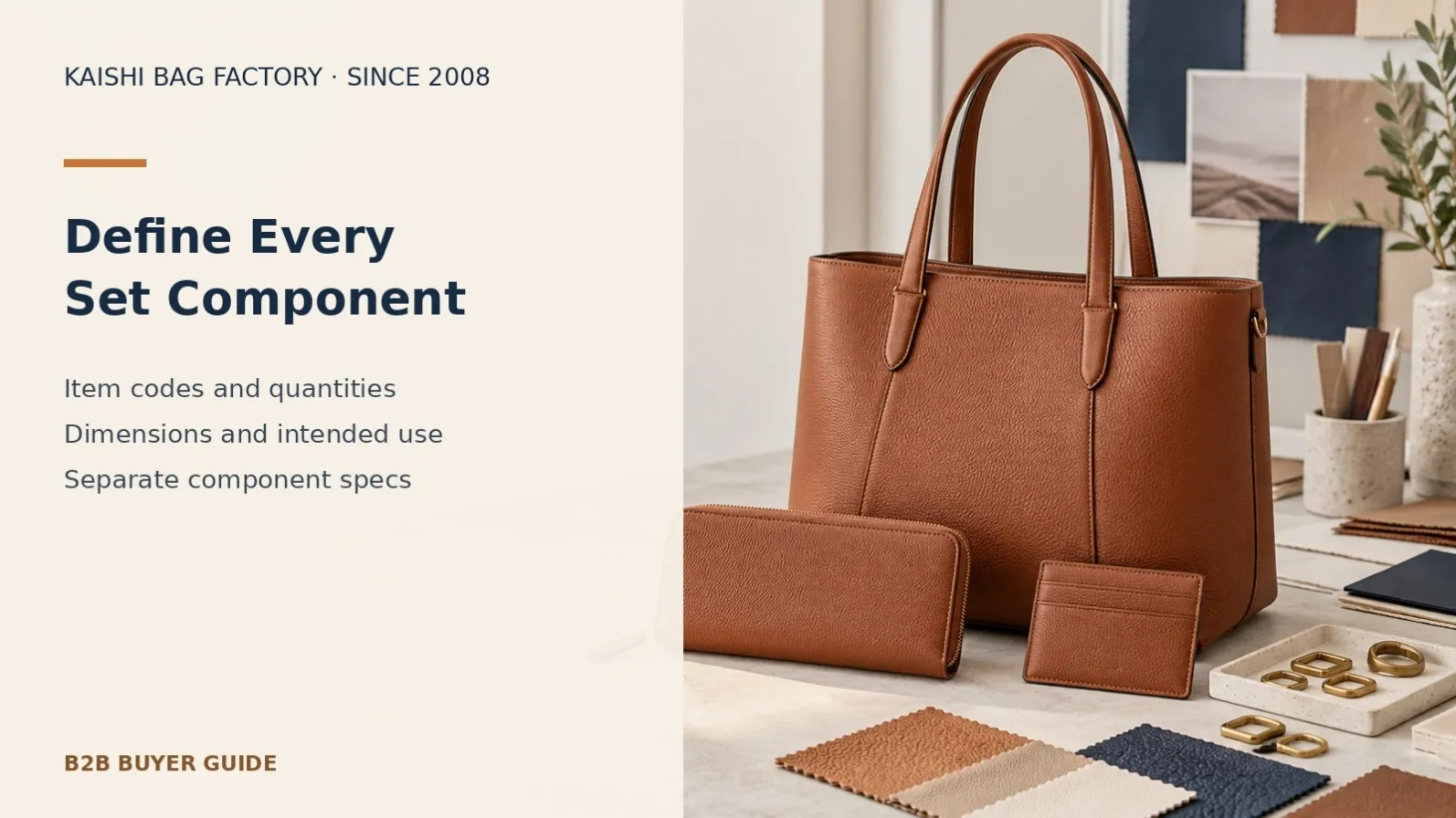 Illustrative coordinated cognac handbag, wallet and cardholder showing the components to define in a custom gift-set specification