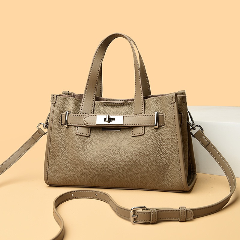 Custom Structured Leather Tote Bag – Belted Handbag with Turn-Lock Detail — custom leather bag manufacturing by Kaishi Bag Factory